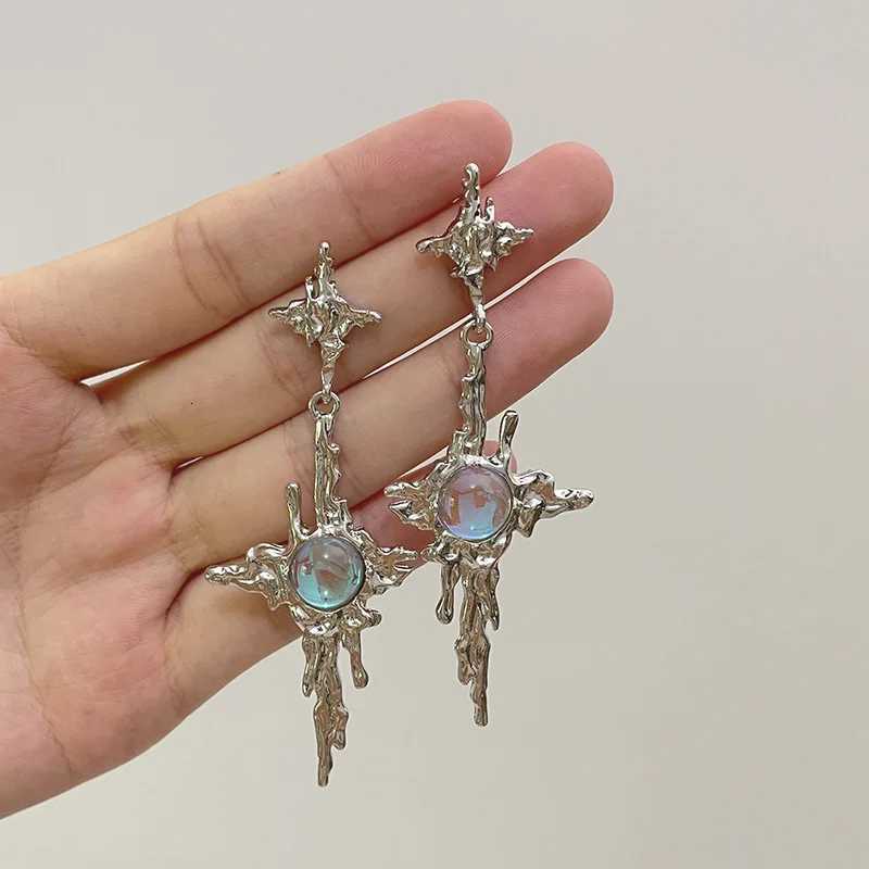 Irregular Liquid Metal Cross Moonstone Dangle Earrings Young Girl Trend Metal Cross Moonstone Drops Earrings Jewelry Y250812