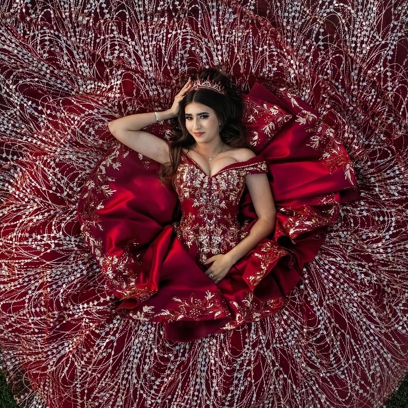 Red Ball Gown Quinceanera Dresses Off Shoulder Sequin Applique Lace Beading Tull Party Birthday Sweet 16 Vestidos 15 De Anos