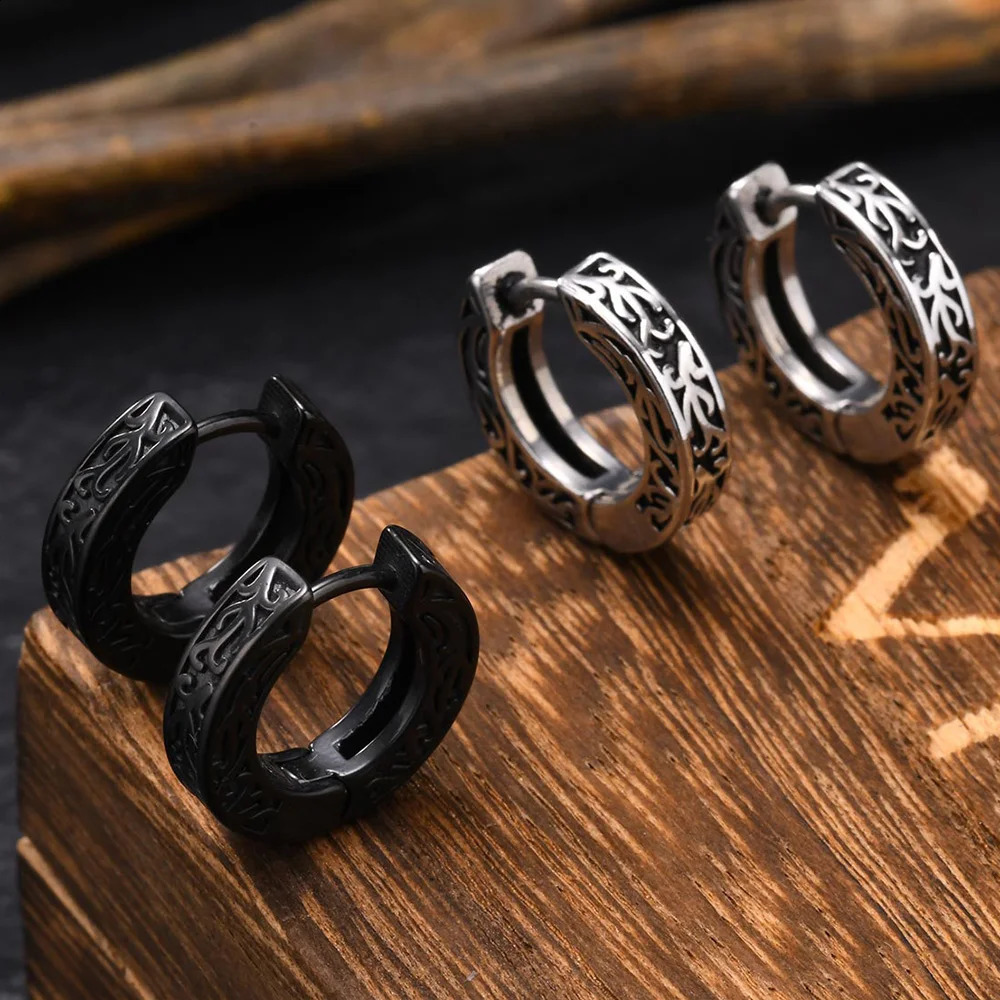 Vnox Monogrammed Mens Hoop EarringsThick Small Stainless Steel Earrings Gothic Punk Ear Jewelry 250812