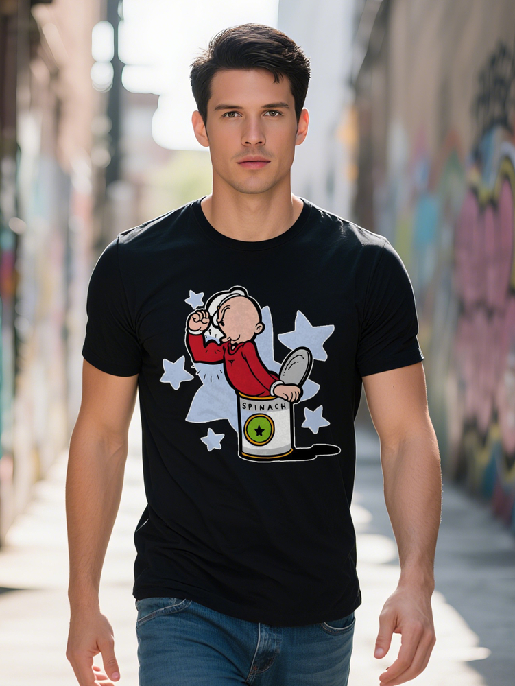 Men's Printed Round Neck T-Shirt Short Sleeve with Spinach Can Design Lightweight Blend Regular Fit Black