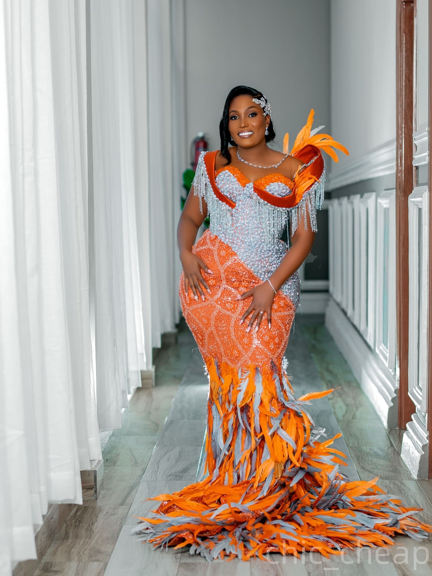 Mermaid Orange Prom Dresses 2025 Feathers Crystals Luxurious Tassels Evening Formal Party Second Birthday Engagement Gowns Plus Size Dress For Special