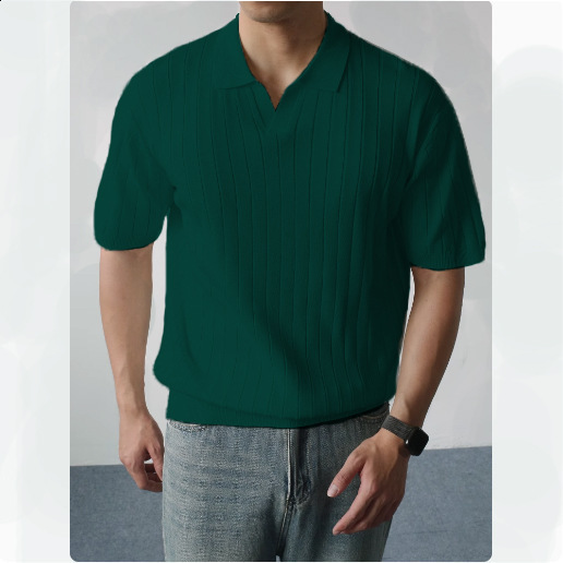 Old Money Style Textured Knit Short Wide Fit Polo Shirt Small V-Neck Short Sleeve Mens Polo Shirt 250813
