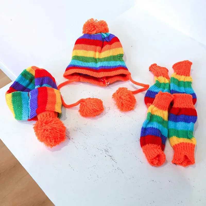 Dog Winter Wear 1 Set (hat+scarf+leg Warmers) Rainbow Stripe Knitted Dog Scarf Winter Warm Hat Footwear Sloves Pet ClothesXJ250813