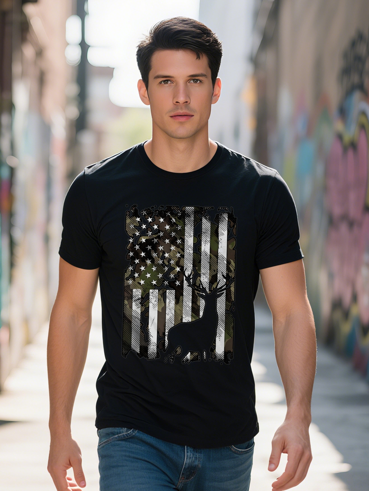s Crew Neck T Shirt with Camo Black Short Sleeve Tee Perfect Gift for Men Essential Summer Casual Wear Flag