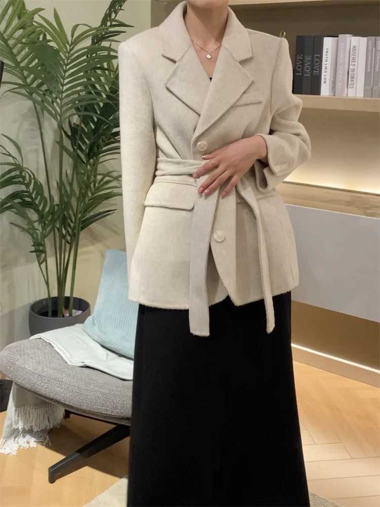 Double Sided Cashmere Coat Womens Short Suit Alpaca Wool Coats Winter Women Korean Single Breasted Waistband Woolen Coat Z250813