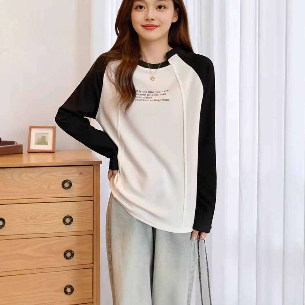 Women's Casual 100% Cotton T-Shirt Spring Autumn Long Sleeve Irregular Collar Loose Fit Color Block Design Anti-Pilling Knitted
