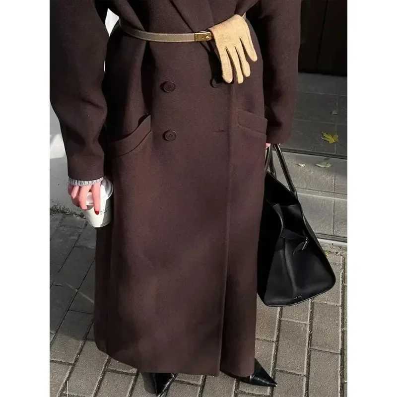 2024 Elegant Woolen Double-breasted Lapel Woolen Overcoat with Pockets Long Sleeve Coats Casual Autumn New Womens High Streetwear Z250813
