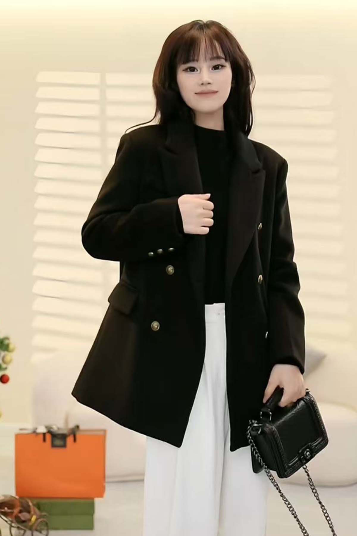 Double-Sided Womens Tweed Jacket Premium Quality Long Sleeve Overcoat for Ladies