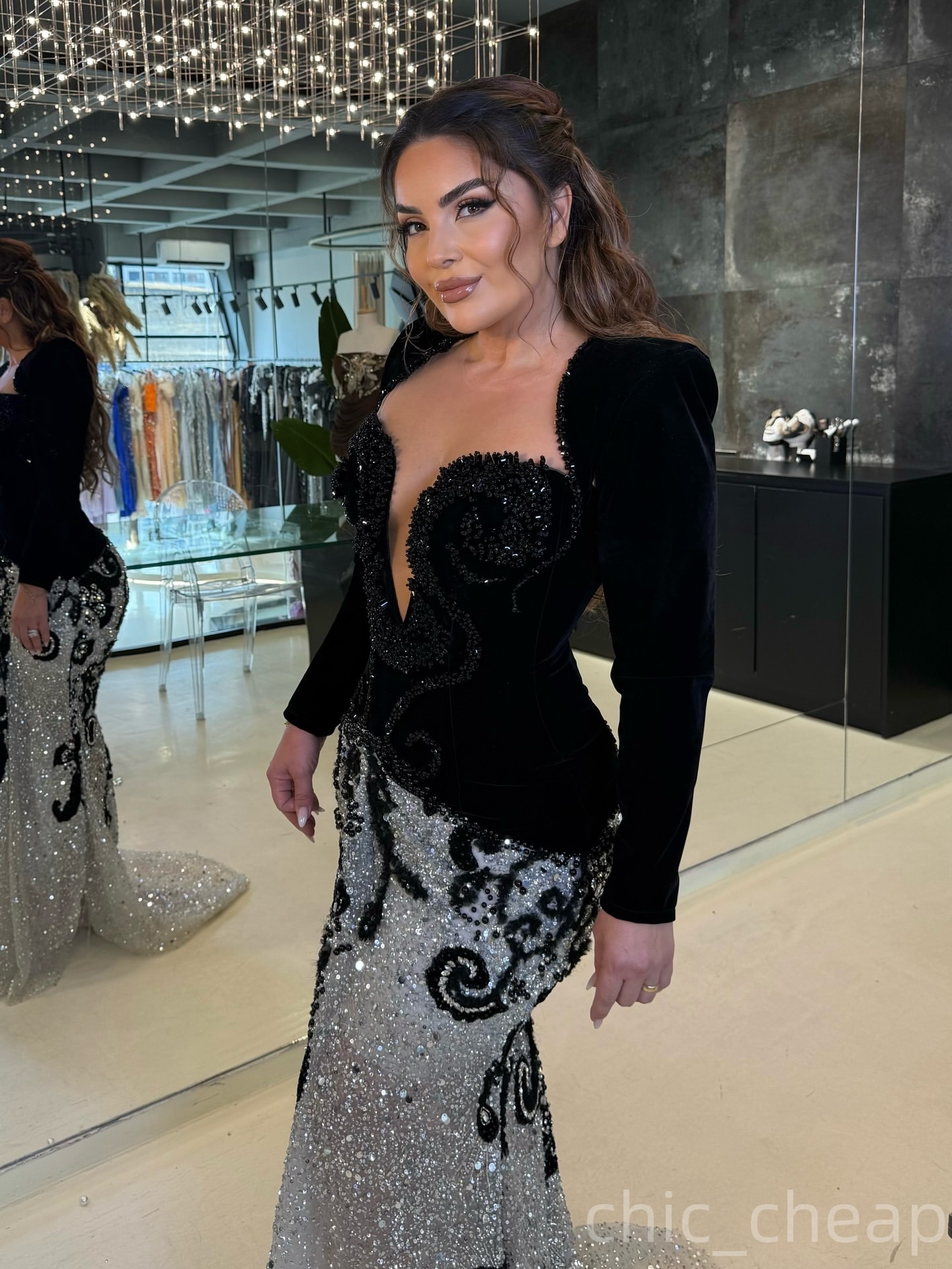 Arabic Mermaid Black Silver Evening Dresses Beaded Sequined Full Sleeves Prom Formal Party Second Birthday Engagement Gowns Plus Size Dress For Specia