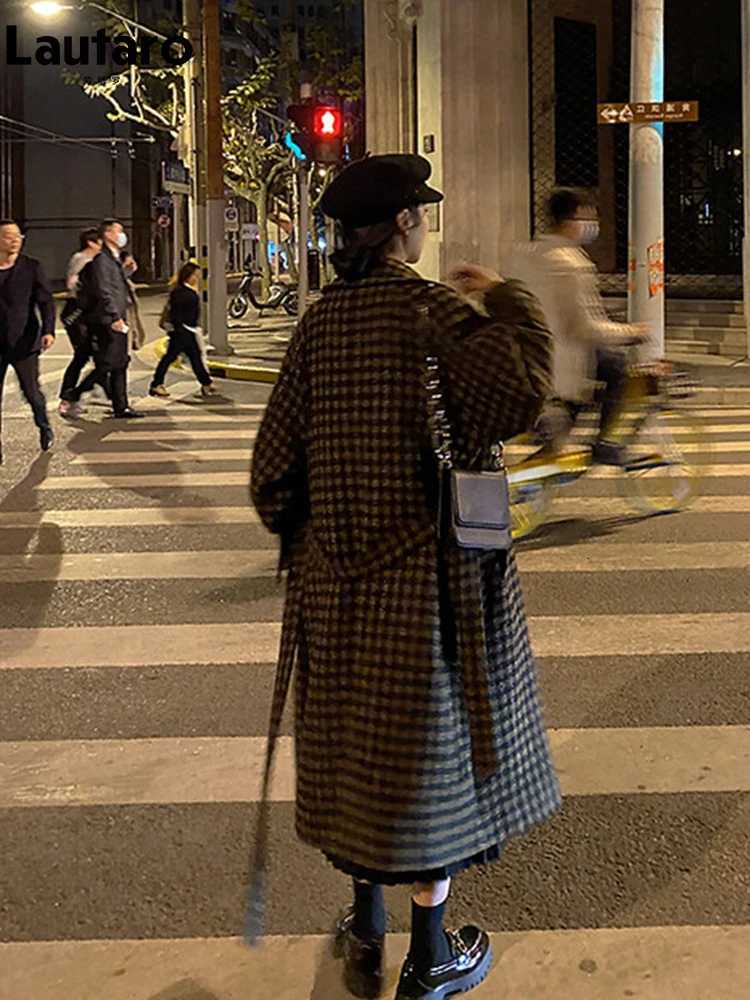 La Tarot Autumn Winter Long Loose Casual Soft Plaid Wool Coat Women Double Breasted Stylish Chic Designer Clothes 2022 Z250813