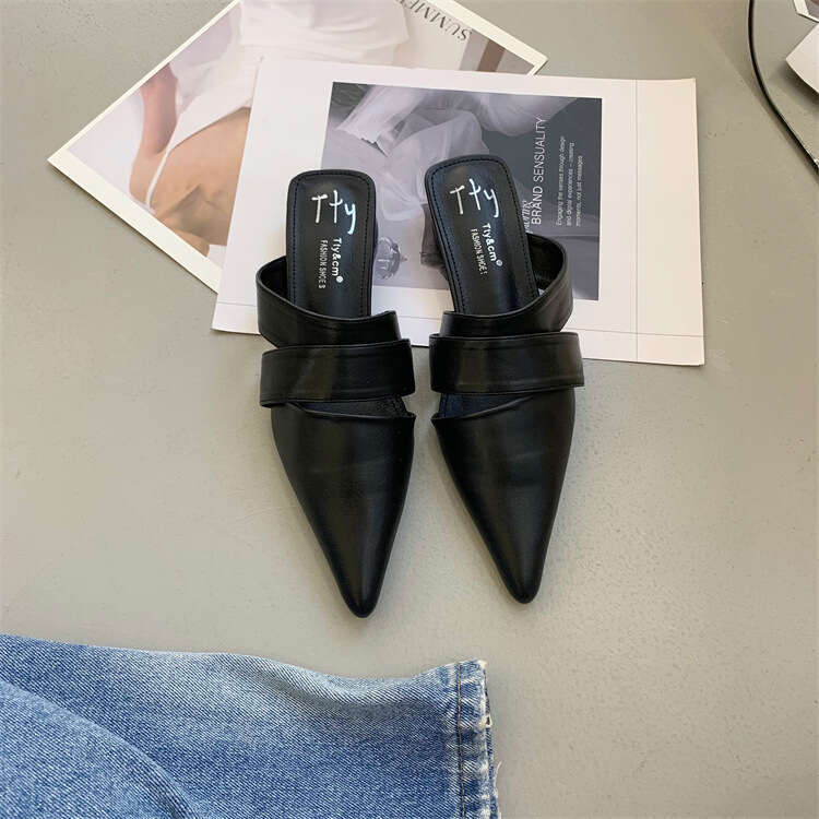 Tty Pointed Fashion Designer shoe Closed Toe Half Slippers 2025 Summer Korean Style Backless Single Shoes Thick Low Heel Hollow Out Sandals