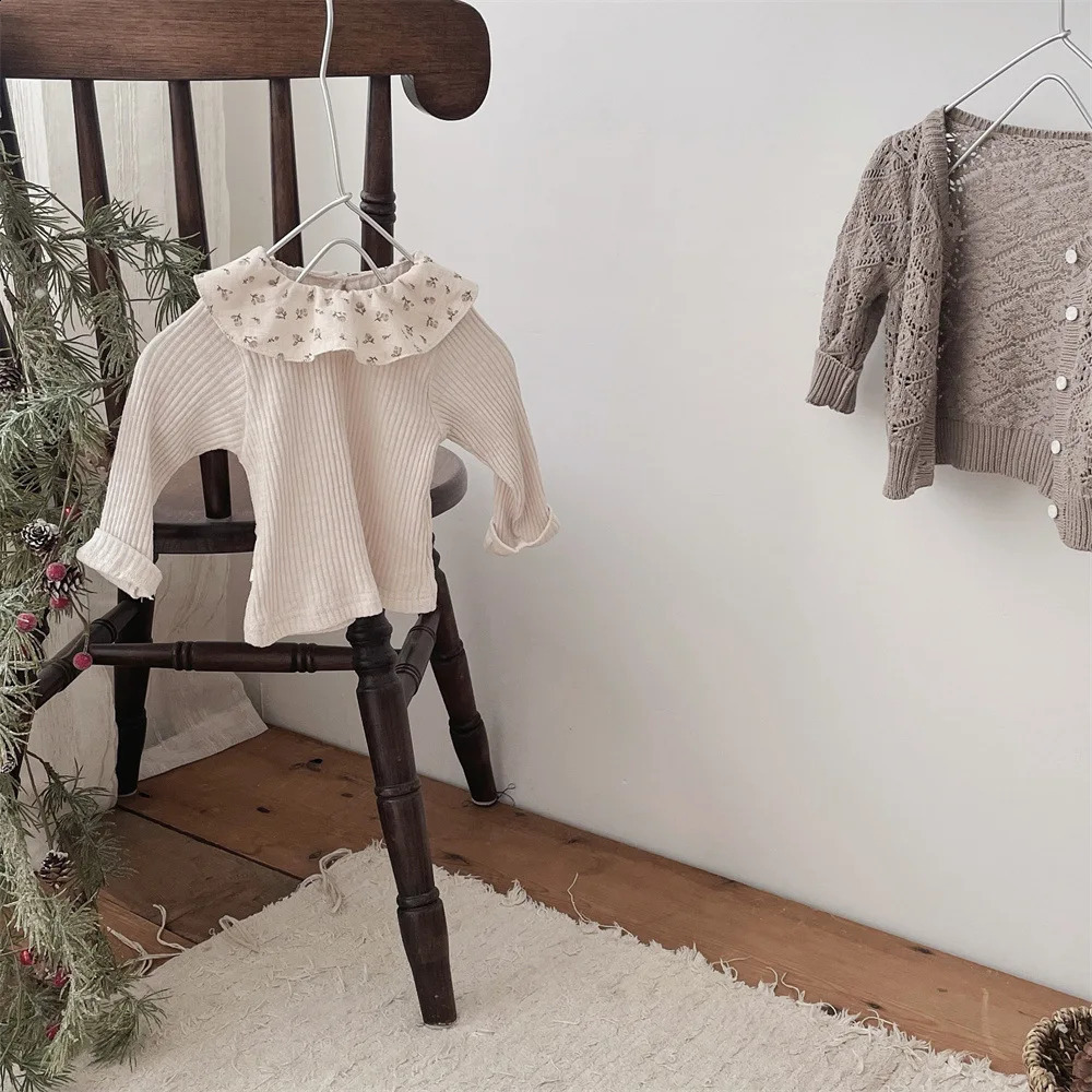 Autumn and Spring Baby Clothes Stripe Floral Lotus Leaf Collar Long Sleeved Top born Princess Inner Layer Bottom Shirt 250812