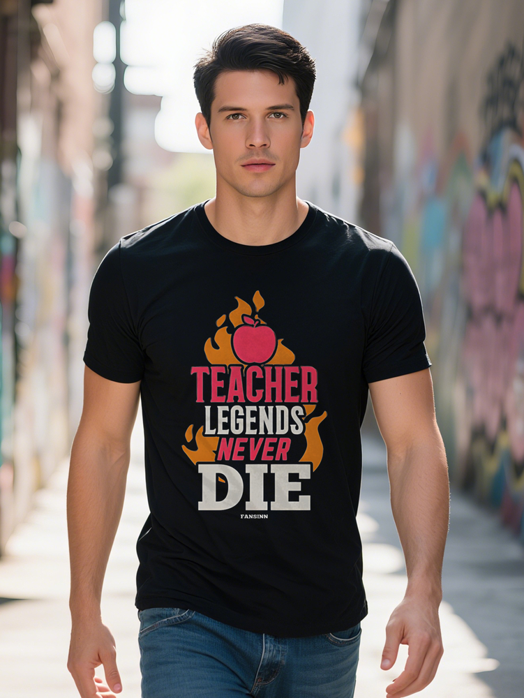 Men S Casual Crew Neck T-Shirt with TEACHER LEGENDS Never Die Flame Print Red Orange Graphic Tee Perfect Gift for