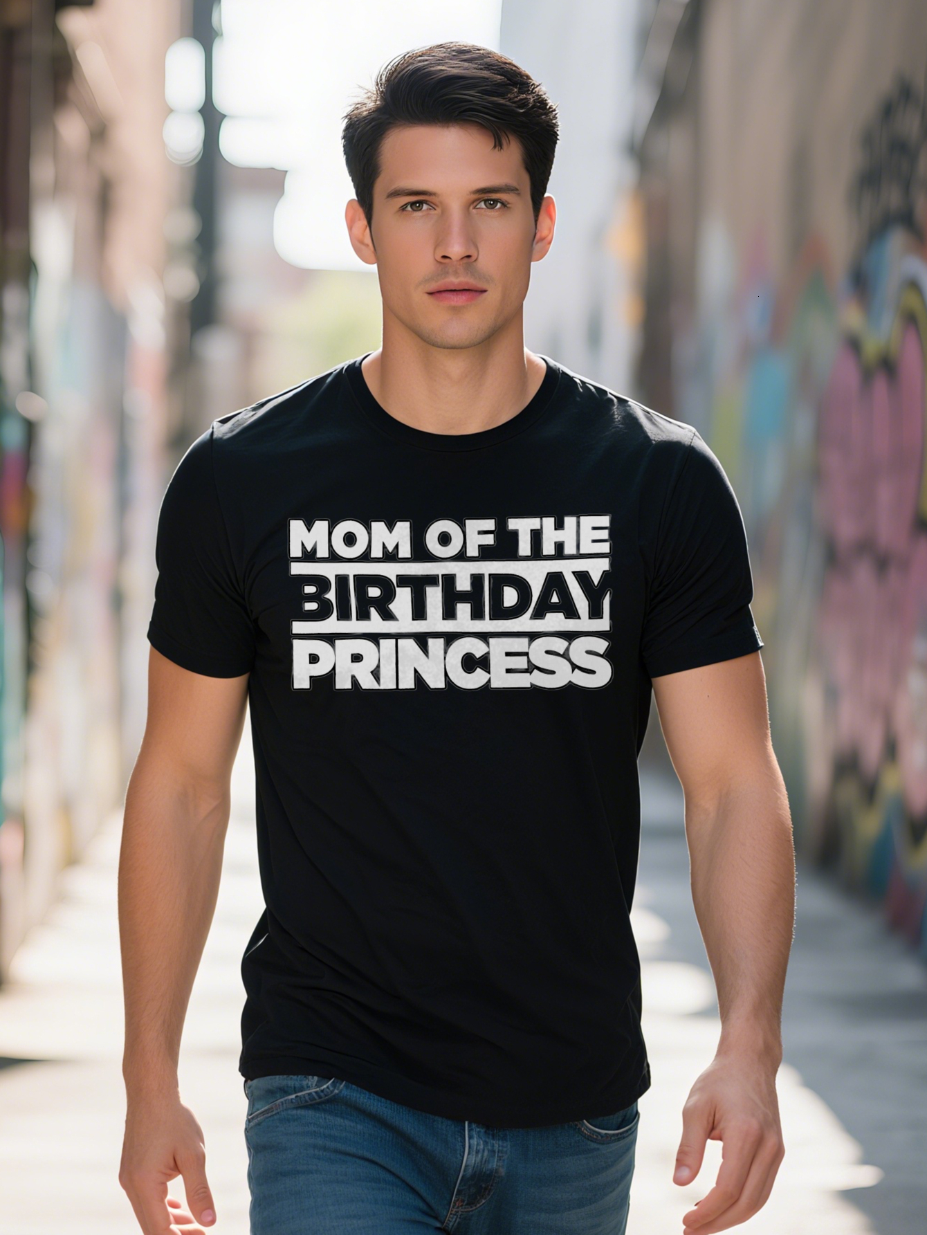 Men s Casual Crew Neck T-Shirt Mom of the Birthday Princess Graphic Tee Black with White Lettering Lightweight