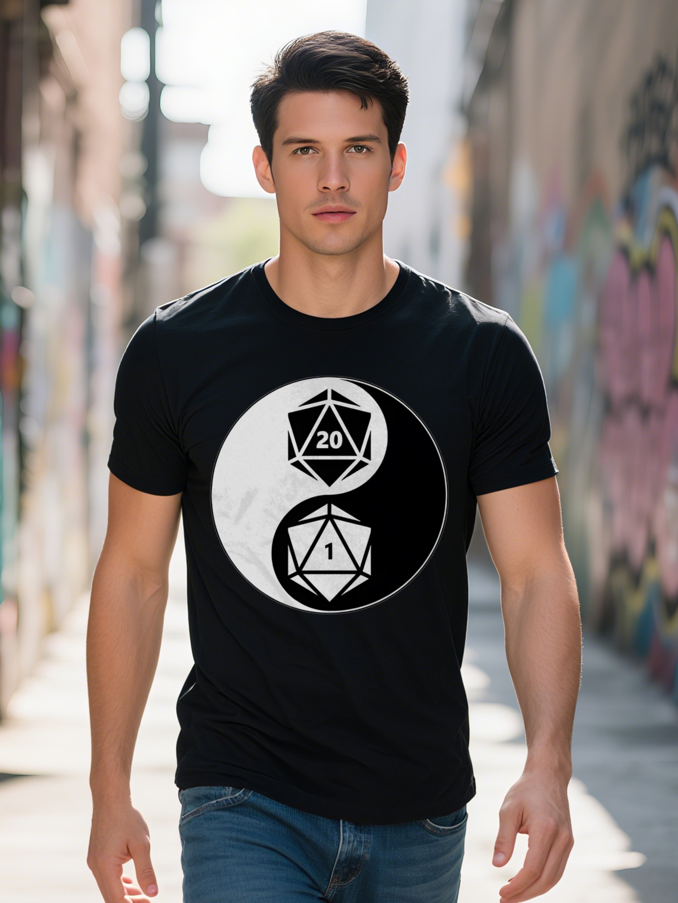 Casual Versatile Round Neck T-Shirt Yin Yang Fish and Sided Dice Print Pattern Top Men S Gif