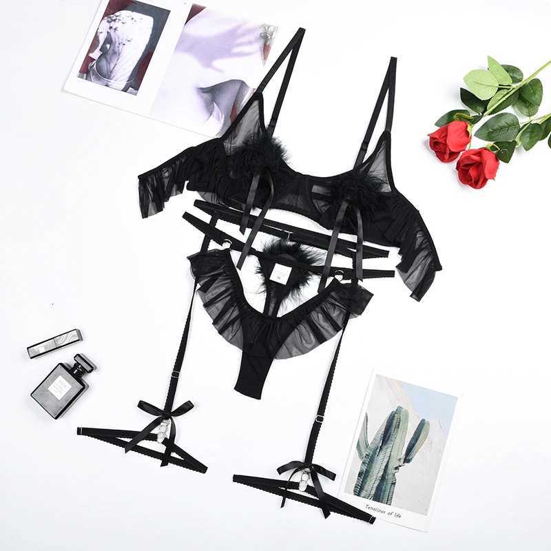 MUZISKAT Puberty Sexy Underwear Women Bra Set Fashion Exotic with Chains Luxury Lingerie Tulle 5 Piece Lingerie Set with GarterXJ250812