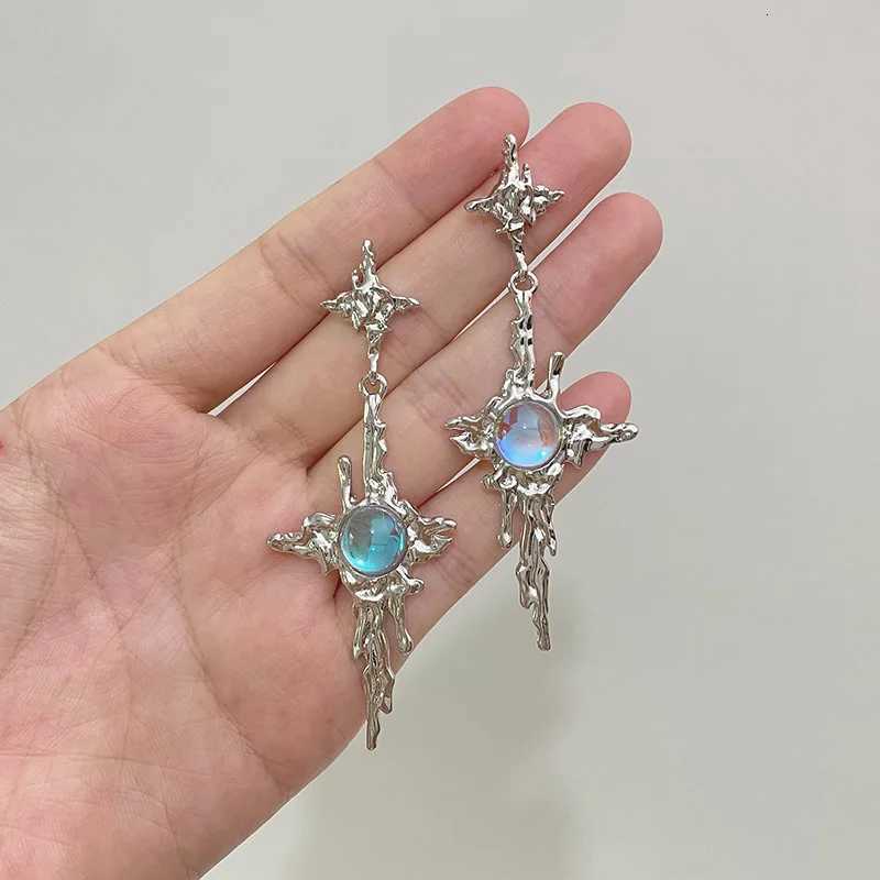 Irregular Liquid Metal Cross Moonstone Dangle Earrings Young Girl Trend Metal Cross Moonstone Drops Earrings Jewelry Y250812