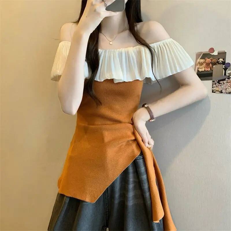 2025 Summer Fashion Casual Patch Color blocked design Slant Neck Women's Full Match Temperament Short Sleeve Slimming Top T-shirt Designer Top