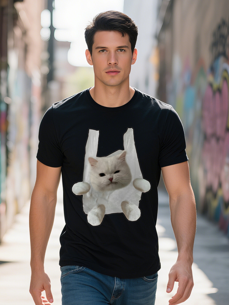 Men s Casual Crew Neck T Shirt with Playful White Cat Paw Print Design Soft Black Fabric Short Sleeve Summer 48551