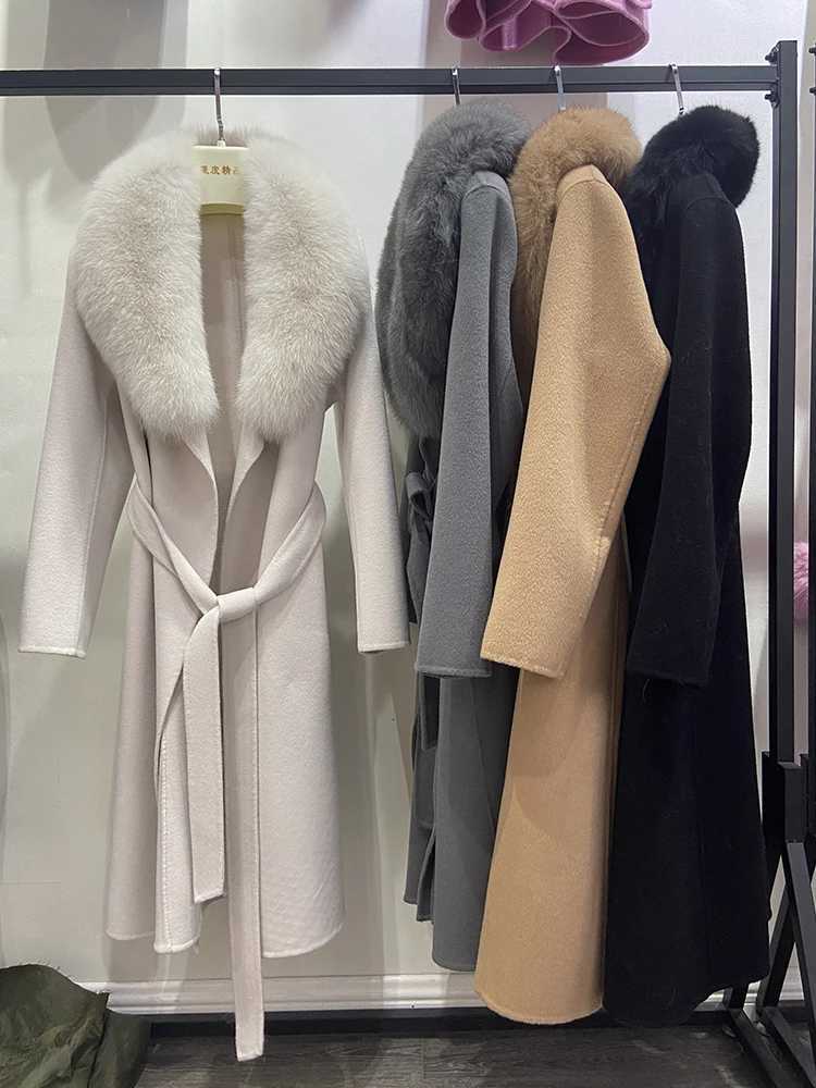 Women Autumn Natural Real Fur Collar 100% Woolen Long Khaki Gray White Woolen Belt Slim Jacket Z250813