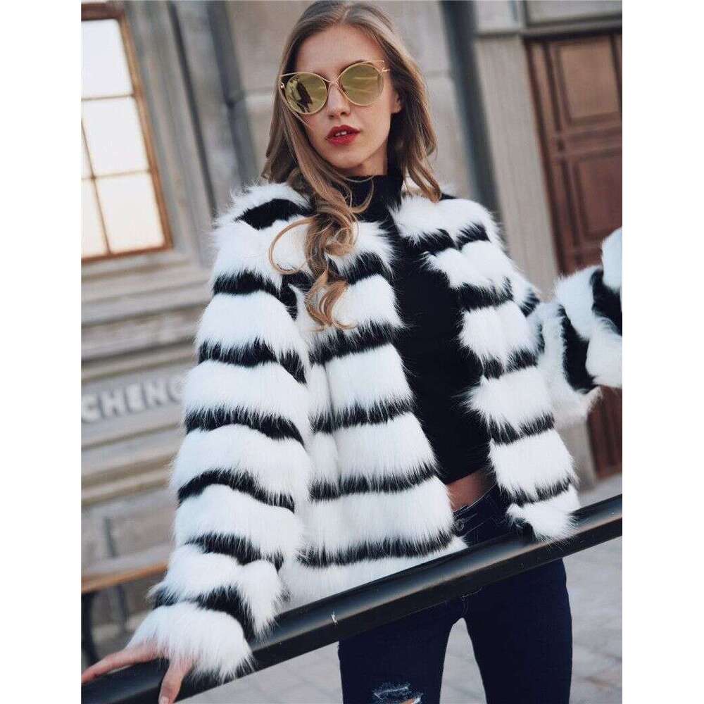 New winter faux fur coat, plus size women's coat, loose round neck, short stripe mixed color coat