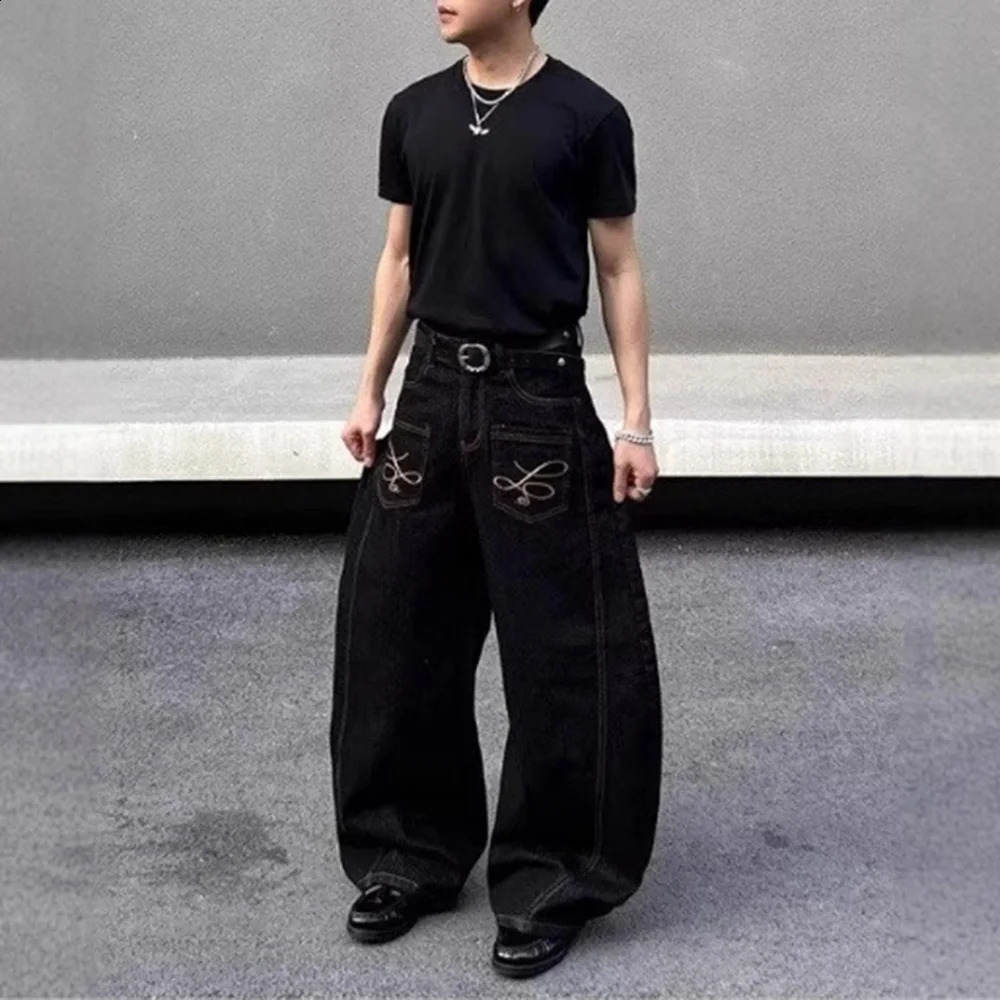 2025 Summer Mens Y2k Pocket Decoration Jeans Harajuku Retro Fashion Trend Street HipHop Casual Loose Niche Bottoms 250808
