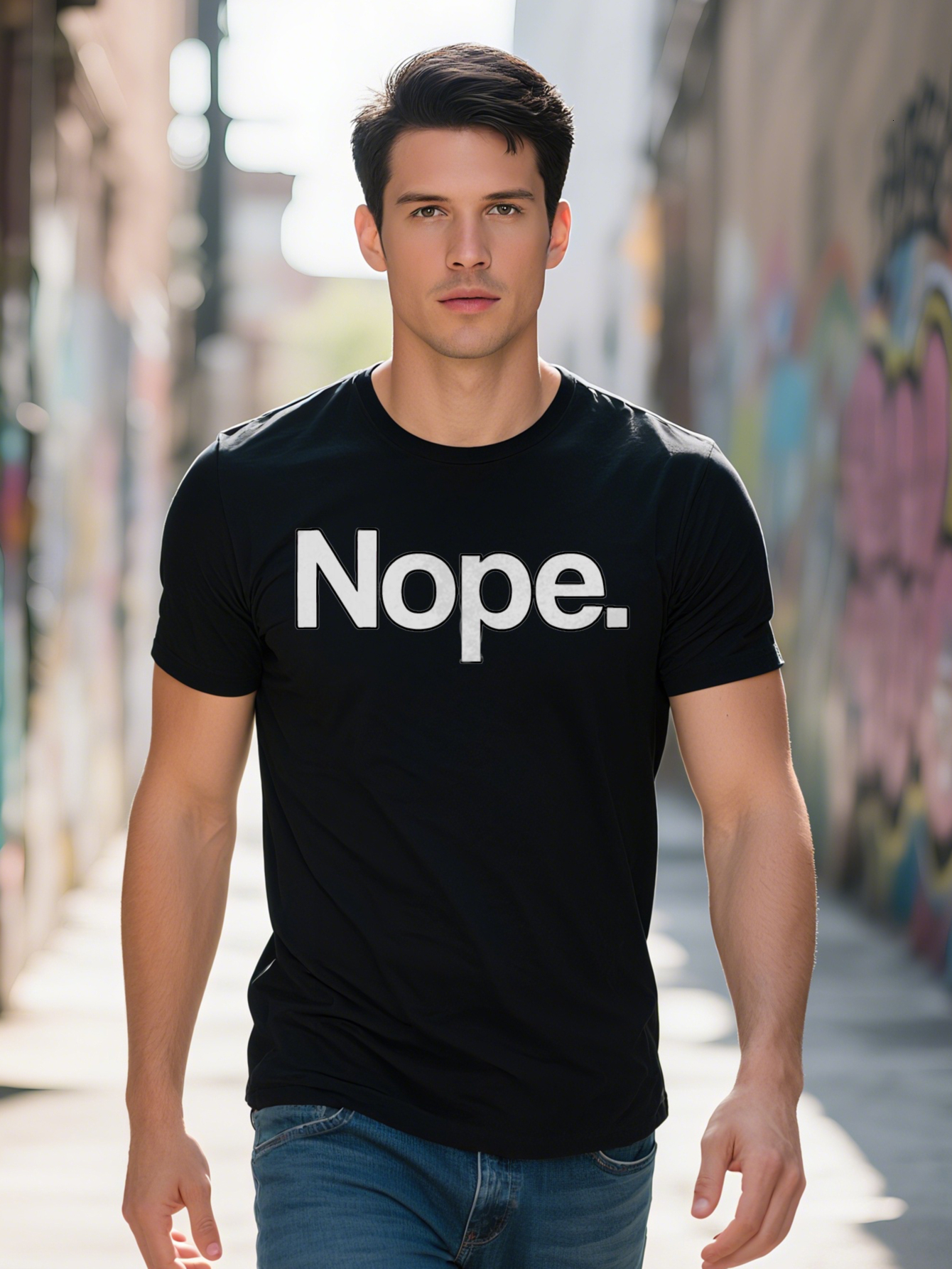 S Nope Graphic T-Shirt Black with White Letter Print Round Neck Short Sleeve Style Perfect Gift for Men