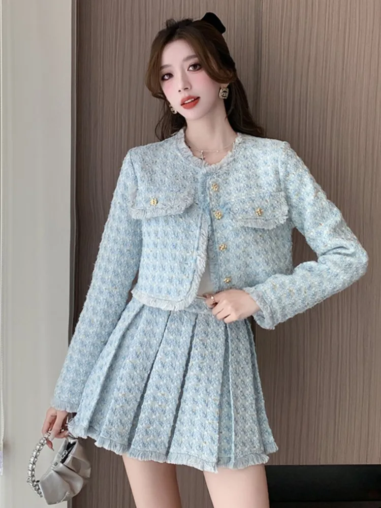 Two Piece Dress Korean Fashion Tweed 2 Set Women Outfits Autumn Winter Crop Top Jacket Coat Tassel Mini Pleated Skirt Suits Elegant 2025