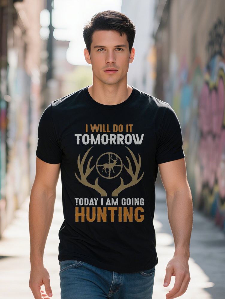 Men s Round Neck T-Shirt Will Do It Tomorrow Today I Am Going Hunting Print Black Tee Perfect Gift for Hunters 2681e