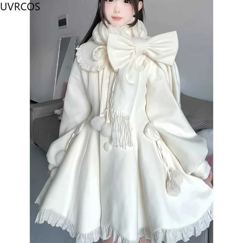 Japanese Kawaii Cute Woolen Coat Women Sweet Ruffles Peter Pan Collar Slim Cotton Bow Scarf Jacket Female Winter Parkas Coats Z250813
