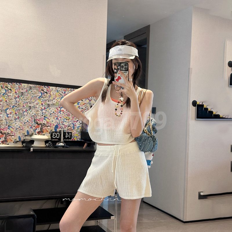 Yoga 4 Piece Waffle Vest Short Set Wide Leg Elastic Waist Loose Sports Slim Long Pants Women Zipper Hoodie Casual Knit Jacket