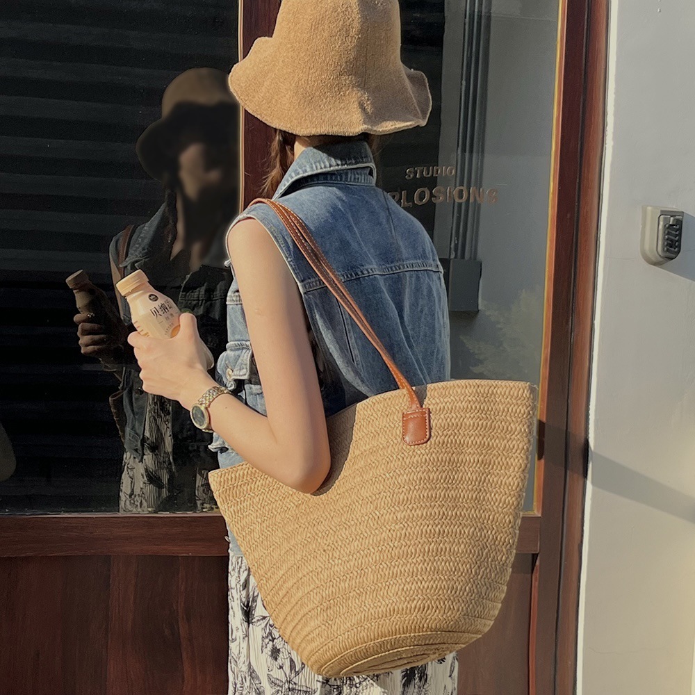 Straw for Women, Large Capacity Summer Vacation Beach Bucket Bag, Mori Girl Literary Tote Woven Bag ddmymarket