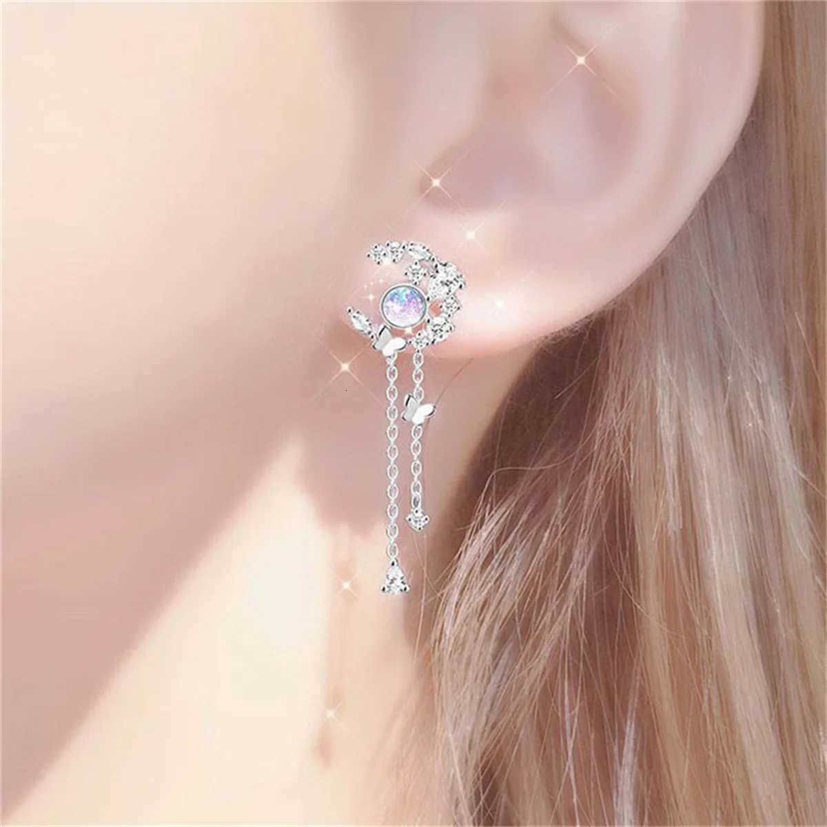 New Exquisite Zircon Moon Butterfly Tassel Earrings for Women Korean Fashion Star Asymmetric Earrings Girls Party Jewelry Y250812