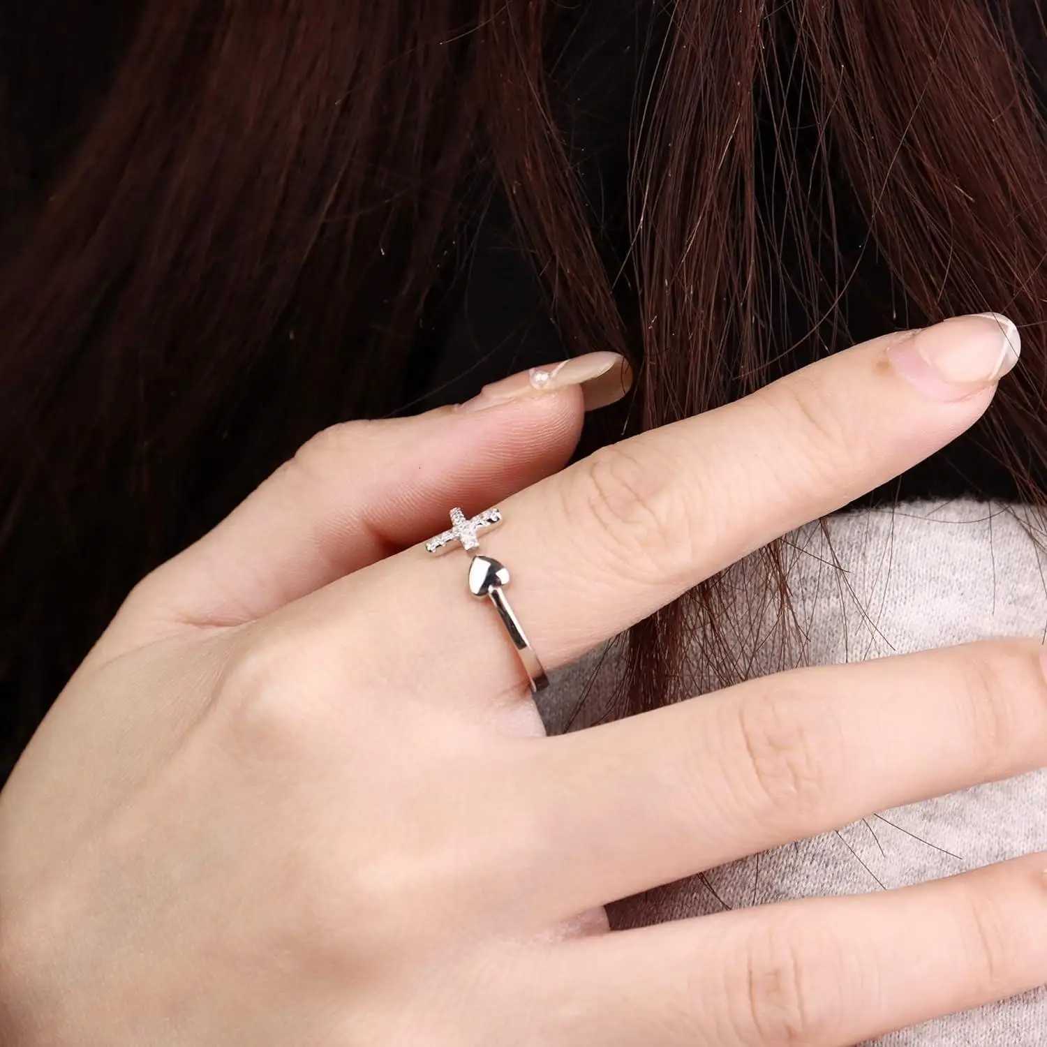 925 Sterling Silver Cross Ring for Women Stylish Adjustable Ring Stackable Shiny Cubic Zirconia Cross Ring with Box W250812