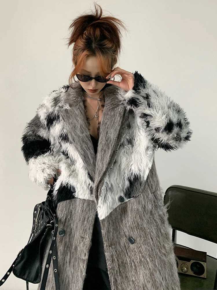 Yermora Gray Splice Irregular Fake Fur Woolen Coat for Women Lapel Long Sleeve Overcoat Fashion Tide Autumn Winter New 2024 Z250813