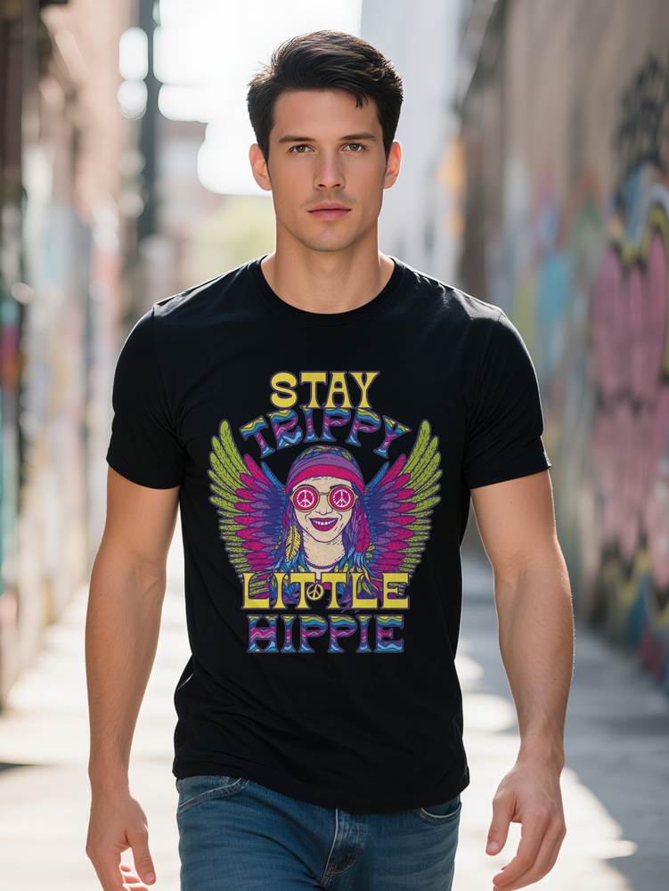 s Crew Neck T Shirt with Fun D Print Stay Trippy Little Hippie Design Black Summer Perfect Gift for Men