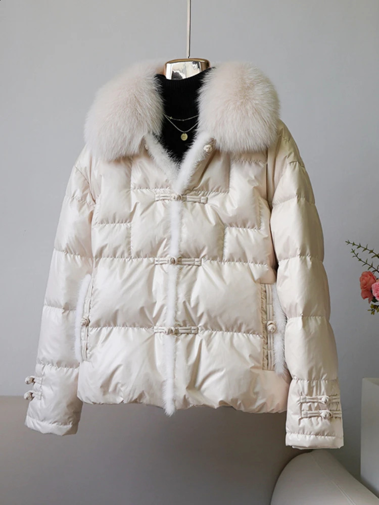 Natural Fox Fur Collar 90% Duck Down Coat Streetwear Mink Hair Fashion Winter Jacket Women Thick Warm Down Jacket Women 250811