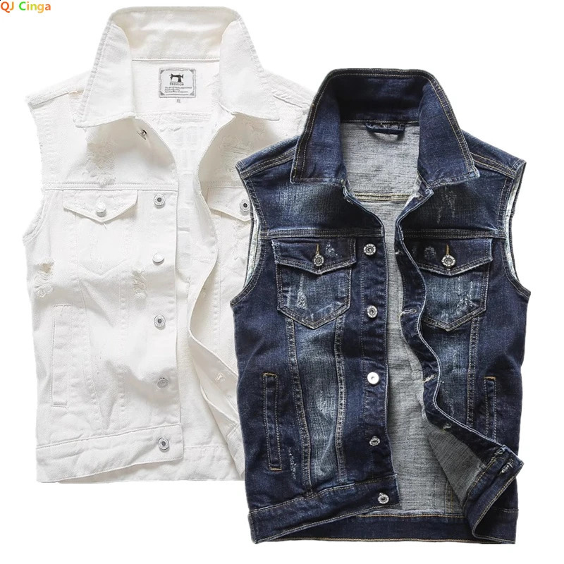 White Mens Sleeveless Denim Jacket Single Breasted Lapel Vest Coat Blue Gray Black Tops Waistcoat M5XL 6XL 250805