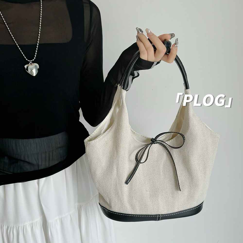 Korean Style Bowknot Niche Herringbone Canvas Patchwork Single Shoulder Underarm Tote Fashion Commuter Handbag Crossbody Bag ddmymarket