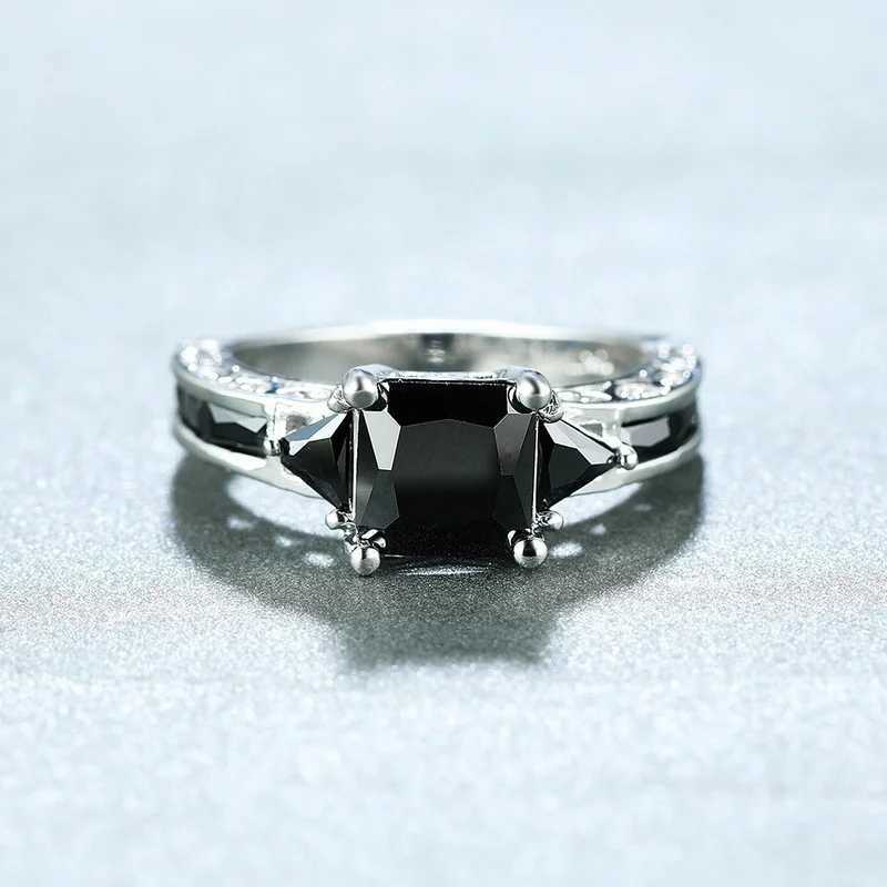 Delicate Silver Color Trendy Ring for Women Elegant Princess Cut Inlaid Black Zircon Stones Wedding Ring Engagement Jewelry W250812