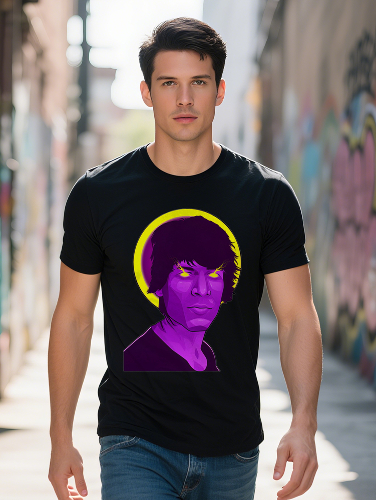 Men s Casual T Shirt Black with Purple Face Yellow Halo Print Round Neck Summer Tee Regular Fit Stylish Gift for