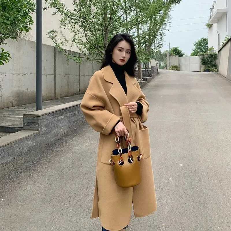100% Wool Double-Sided Woolen Cashmere Coat Women Autumn Winter 2025 New Slim Temperament Female Casual Wool Coats With Belt Z250813