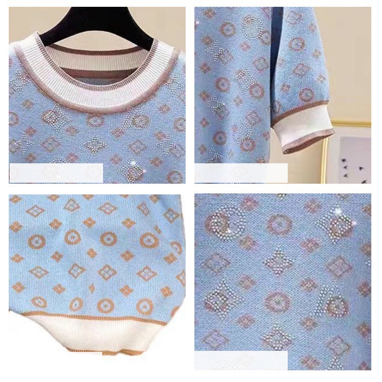 Women's Summer Short-Sleeve T-Shirt with Rhinestone Embellished Print Xiaoxiangfeng Knitted Fabric