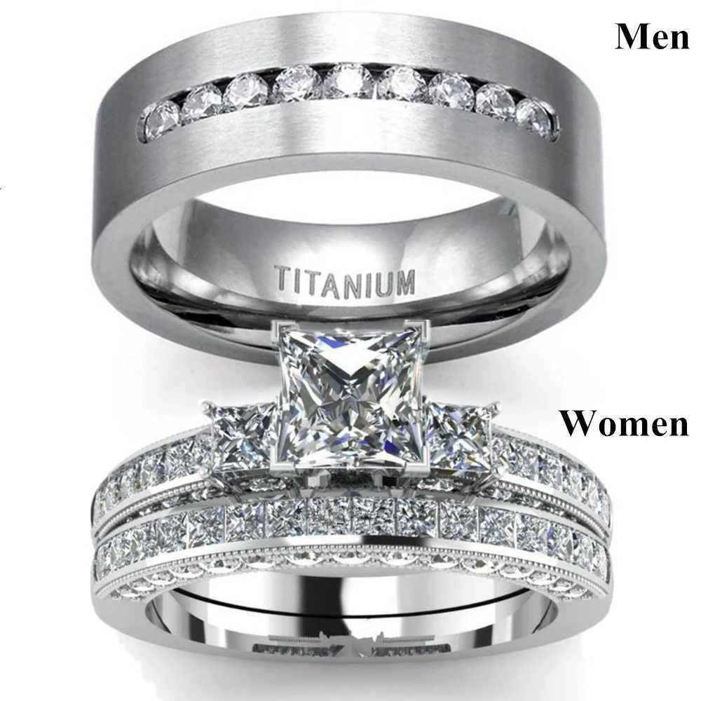 Fashion Couple Rings Mens CZ Stainless Steel Ring Women Square Cut Crystal Rhinestone Rings Set Wedding Engagement Jewelry W250812