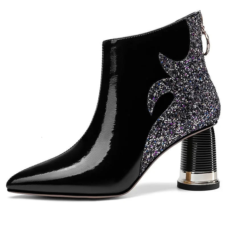 High Quality Womens Boots Shiny Sequined Ladies High Heels Sexy Pointed Ankle Boots Comfor Chunky Heel Office Female Shoes 250812