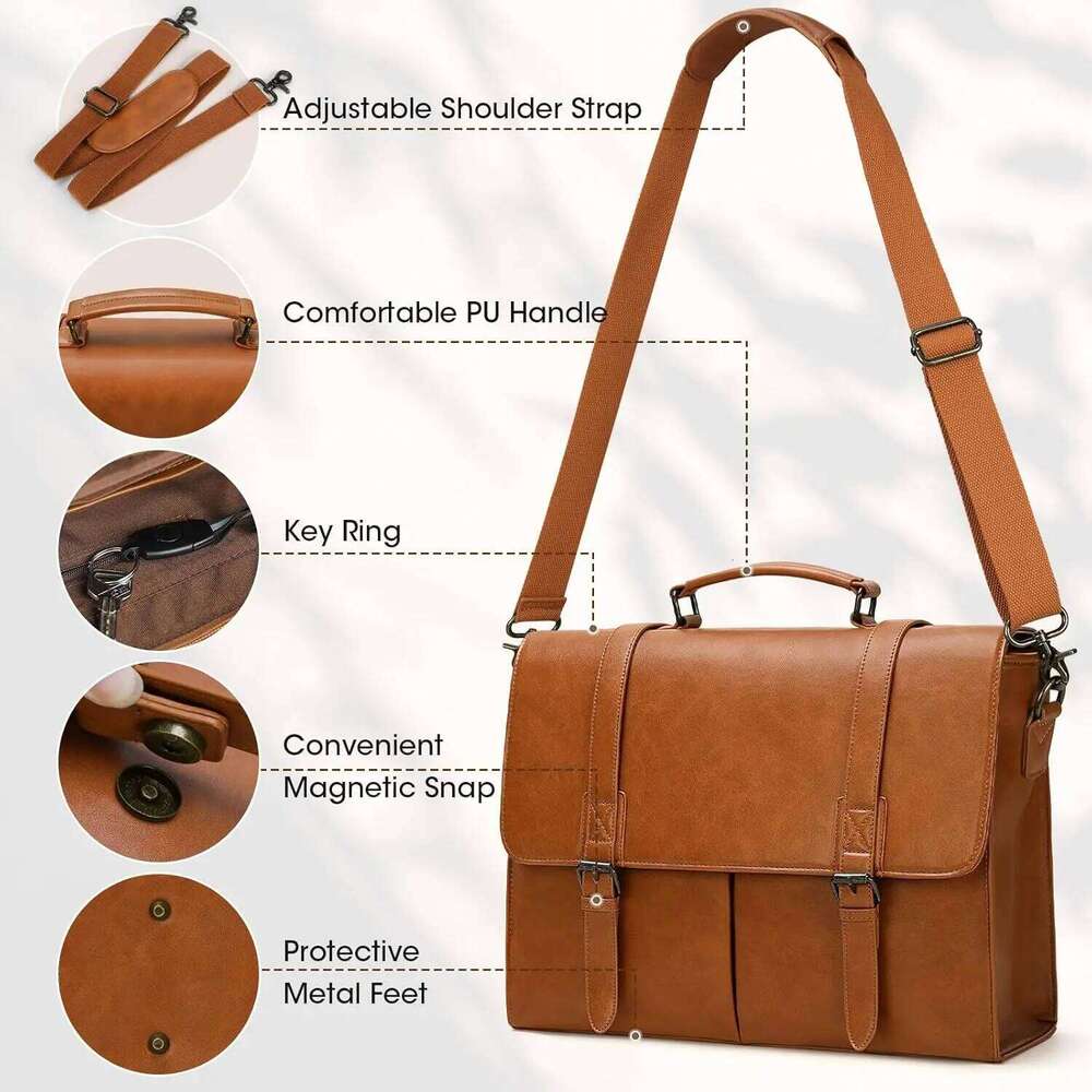 RAINSMORE Vintage Men Messenger Waterproof Leather Briefcase Laptop Large Capacity Satchel Business College Shoulder Bag