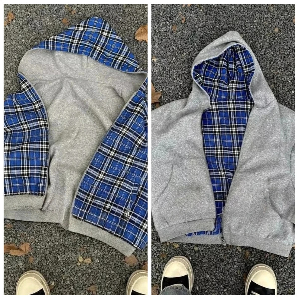 Autumn Shoulder-fall Striped Reversible Two-wear Cardigan Hoodie Blue Plaid Pattern Classic Jacket Men Loose Trend Top 250812