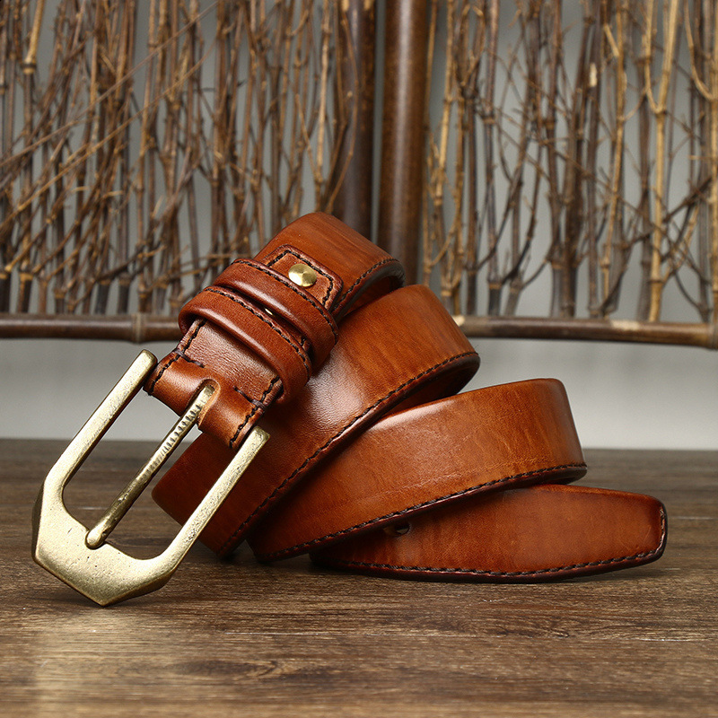Red Tornado Genuine Leather Slide Belt with Vintage Brass Buckle For Casual Dress Pants 250102