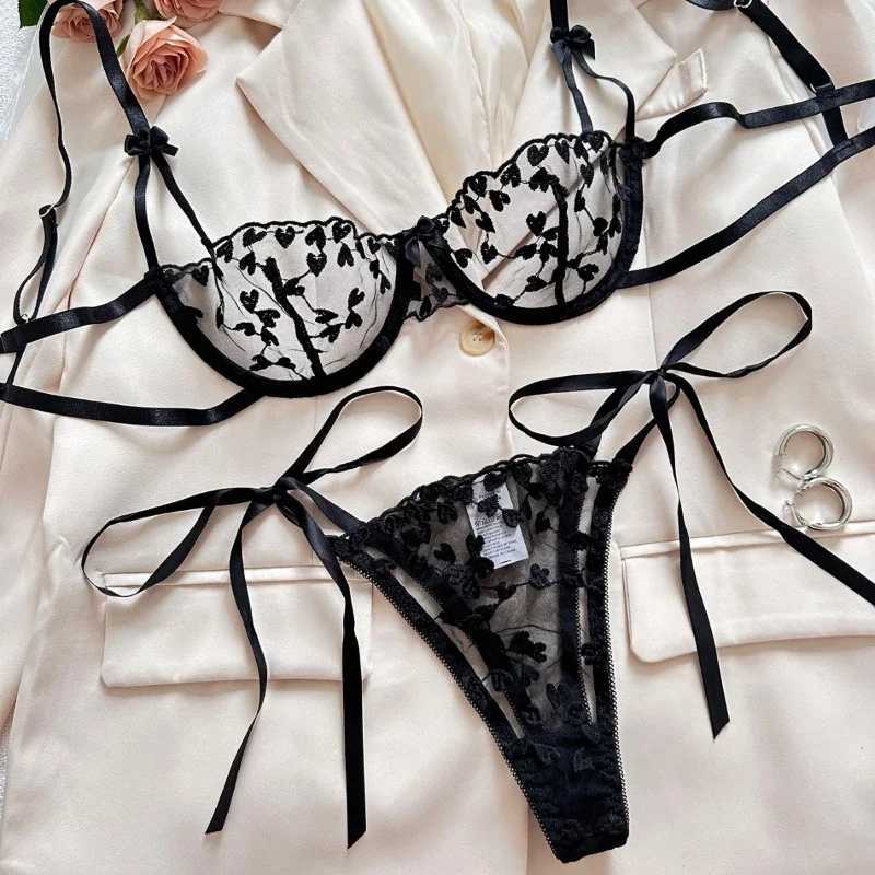 Sexy Lingerie Sets for Women Strap Lace Embroidery Heart-shape Fairy Seamless Underwear See Through Exotic Set Bra and Brief SetXJ250812