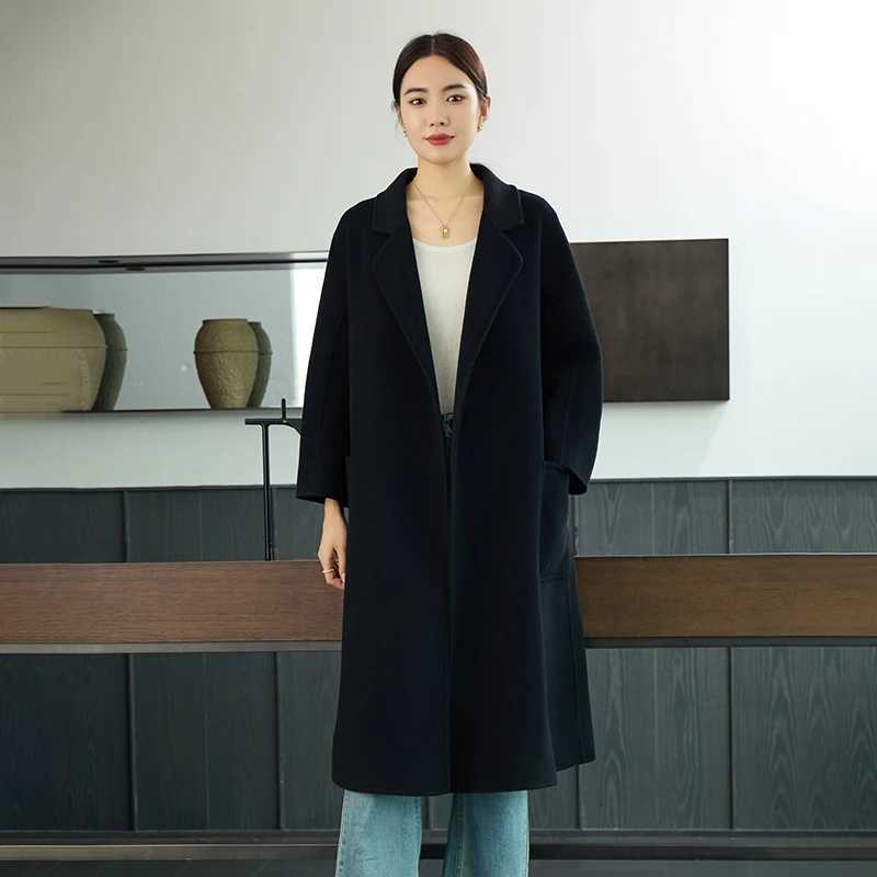2025 Autumn Winter New 100% Australian Wool Womens Long Coat with Belt Loose Fit Raglan Sleeves Simple Woolen Trench Coat Z250813